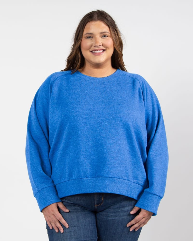 Front of a model wearing a size 1X Boxy Raglan Pullover in Royal by chicka-d. | dia_product_style_image_id:289533